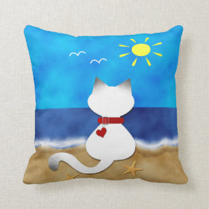 Cute Siamese Cat Summer Ocean Beach Theme Pillow