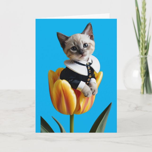 Cute Siamese Cat Tulip Greeting Card (Front)
