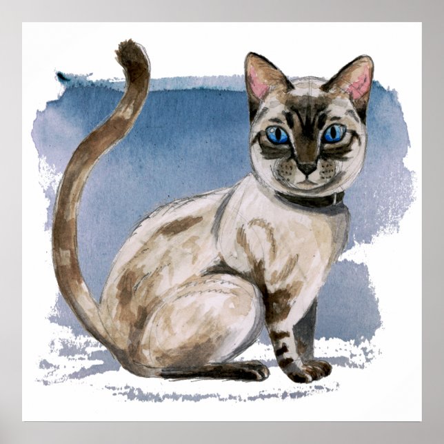 Cute Siamese Cat Watercolor Painting Poster (Front)