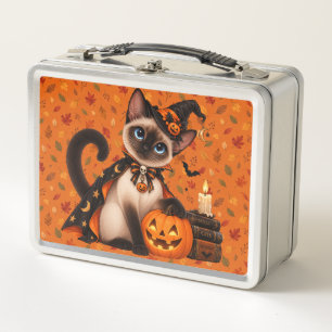 Cute Siamese Cat Witch Halloween Metal Lunch Box