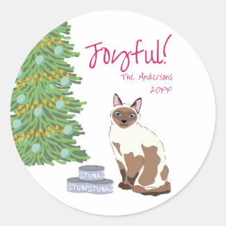Cute Siamese Cat with Tuna Joyful Christmas Classic Round Sticker