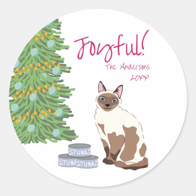 Cute Siamese Cat with Tuna Joyful Christmas  Classic Round Sticker (Front)