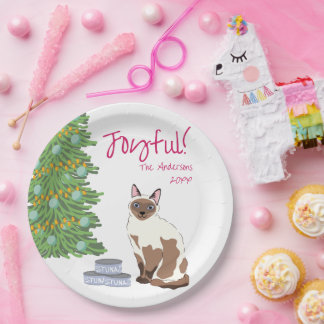 Cute Siamese Cat with Tuna Joyful Christmas Paper Plate