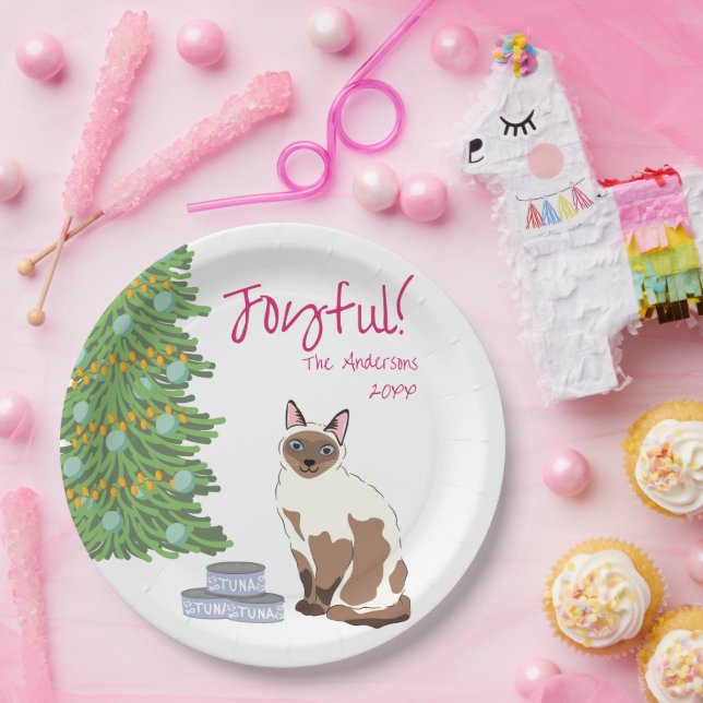 Cute Siamese Cat with Tuna Joyful Christmas  Paper Plate (Party)
