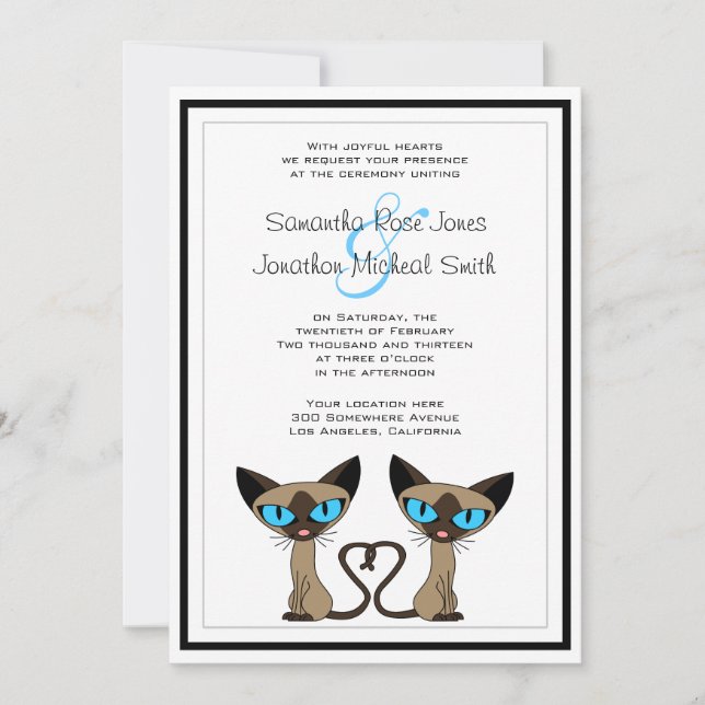 Cute Siamese Cats Tail Heart Wedding Invitation (Front)