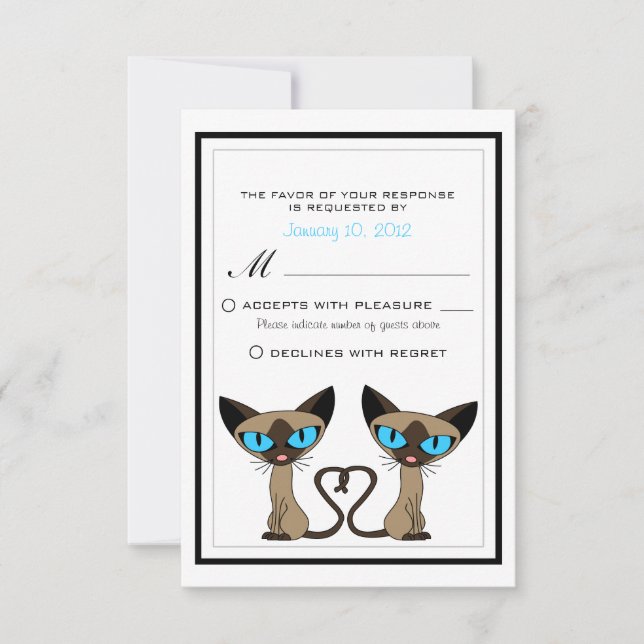 Cute Siamese Cats Tail Heart Wedding RSVP (Front)