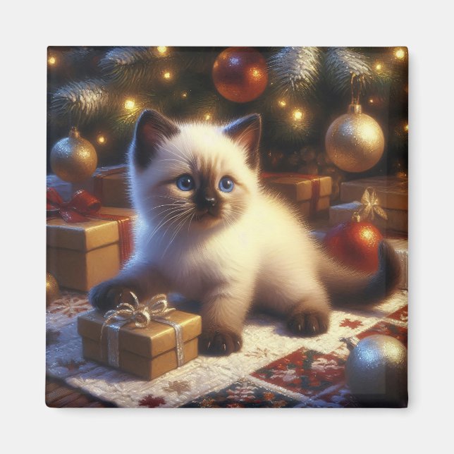 Cute Siamese Kitten Christmas Magnet (Front)