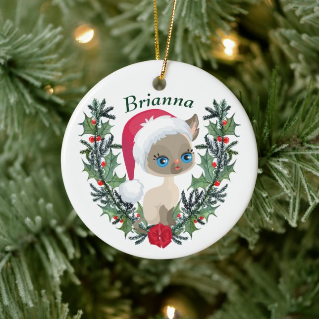 Cute Siamese Kitten Christmas Wreath Ceramic Tree Decoration (Tree)
