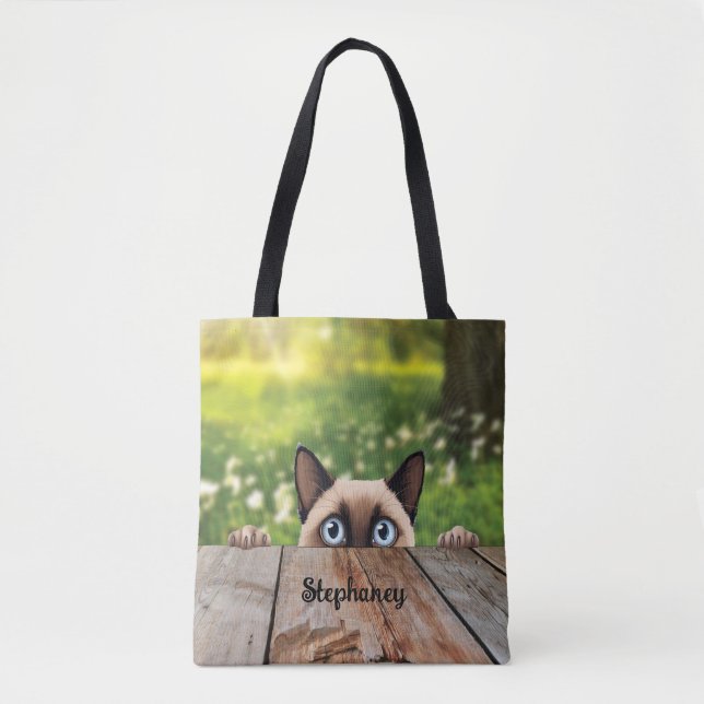 Cute Siamese Peeking Cat Tote Bag (Front)