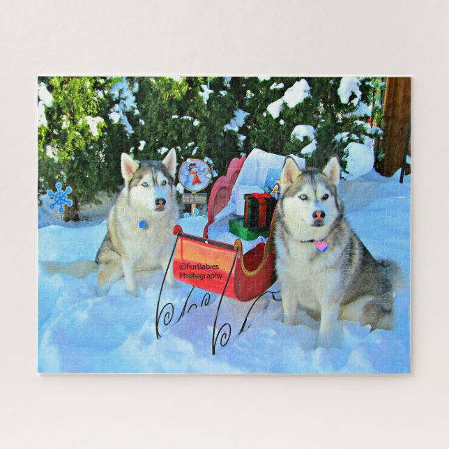 Cute Siberian Huskies Christmas Puzzle (Horizontal)