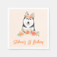 Cute Siberian Husky and Peach Flowers Birthday