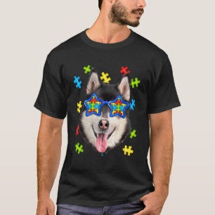 Cute Siberian Husky Autism Puzzle Sunglasses Puppi T-Shirt