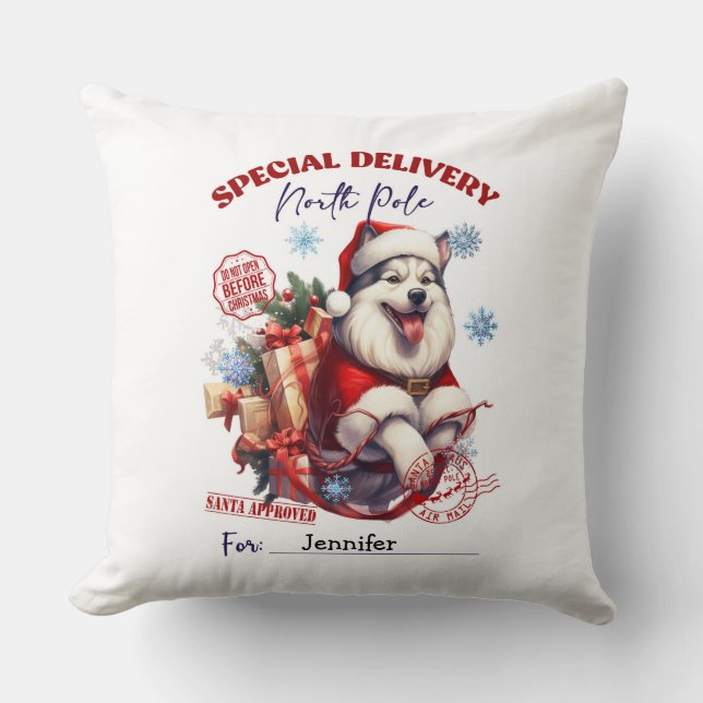 Cute Siberian Husky Christmas Throw Pillow (Front)