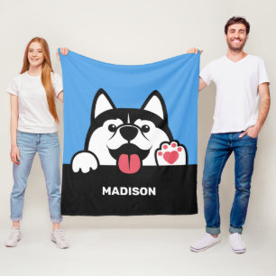 Cute Siberian Husky custom name & colour Fleece Blanket
