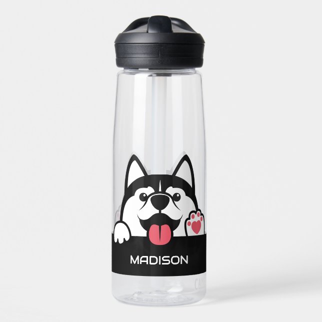 Cute Siberian Husky custom name Water Bottle (Front)