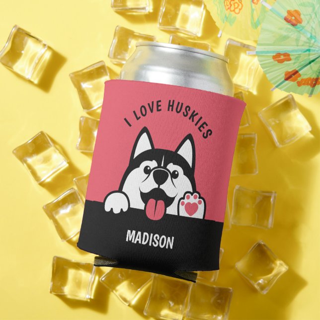 Cute Siberian Husky custom text & colour Can Cooler (In Situ Summer)