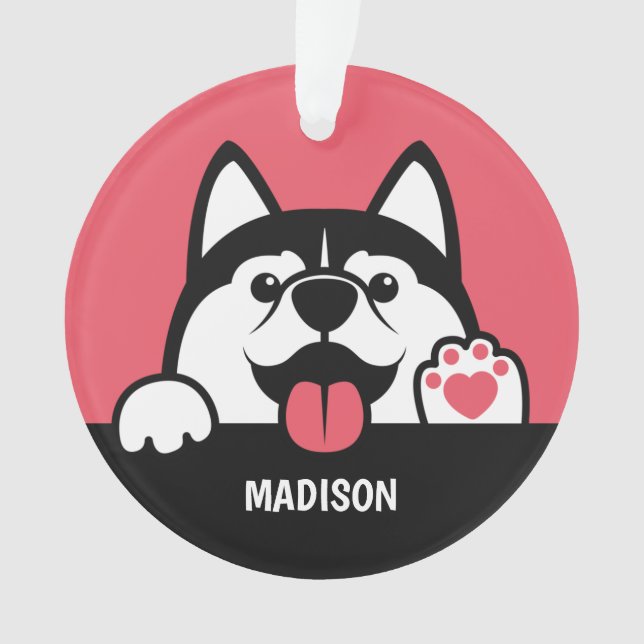 Cute Siberian Husky custom text & colour Ornament (Front)