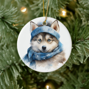 Cute Siberian Husky Dog Christmas Ceramic Tree Decoration