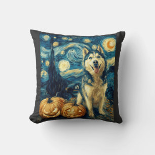 Cute Siberian Husky Dog Halloween Jack O Lantern P Cushion