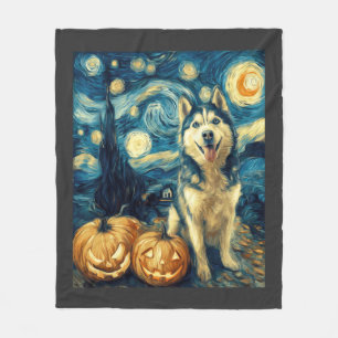 Cute Siberian Husky Dog Halloween Jack O Lantern P Fleece Blanket