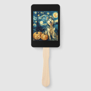 Cute Siberian Husky Dog Halloween Jack O Lantern P Hand Fan