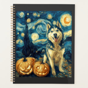 Cute Siberian Husky Dog Halloween Jack O Lantern P Planner
