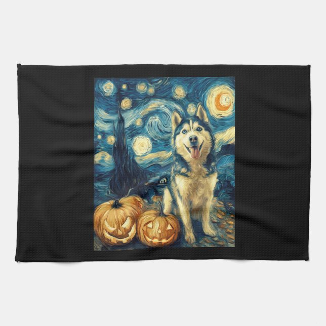 Cute Siberian Husky Dog Halloween Jack O Lantern P Tea Towel (Horizontal)