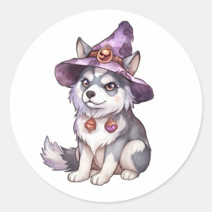 Cute Siberian Husky Dog in Witch Hat Classic Round Sticker