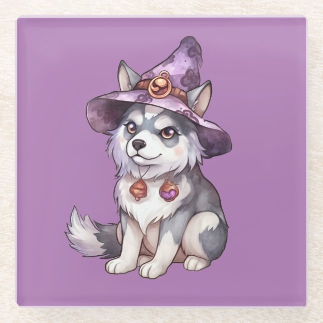 Cute Siberian Husky Dog in Witch Hat Glass Coaster (Front)