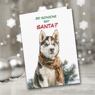 Cute Siberian Husky Dog Looks for Santa Holiday Card