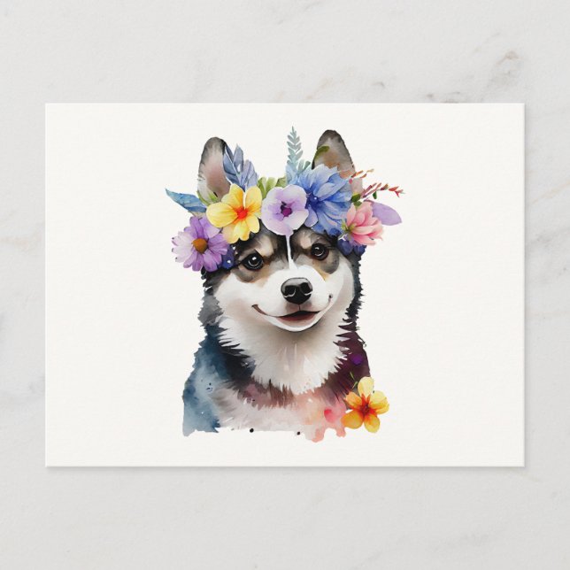 Cute Siberian Husky Dog with Flowers  Postcard (Front)