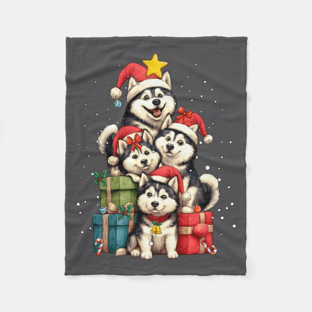 Cute Siberian Husky Le Dog Christmas Tree Xmas Hat Fleece Blanket (Front)