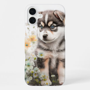 CUTE SIBERIAN HUSKY PUPPY DOG IN WILDFLOWERS iPhone 16 PLUS CASE