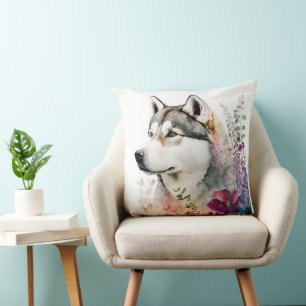 CUTE SIBERIAN HUSKY PUPPY DOG WITH WILDFLOWERS CUSHION