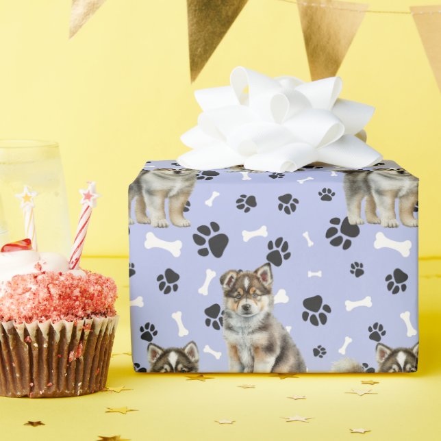 Cute Siberian Husky Puppy Paw Prints All Occasion Wrapping Paper (Birthday Party)