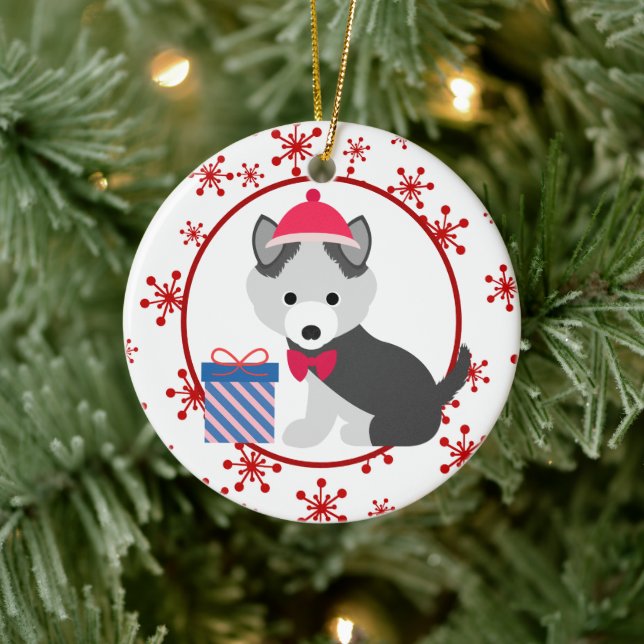 Cute Siberian Husky Puppy Snowflake Ceramic Tree Decoration (Tree)