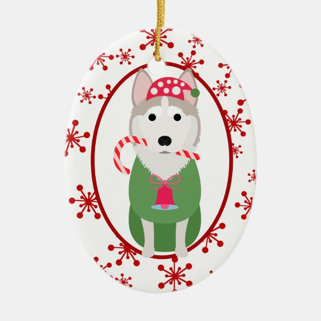Cute Siberian Husky Red Snowflake Template Ceramic Tree Decoration (Front)
