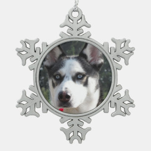 Cute Siberian Husky Snowflake Pewter Christmas Ornament