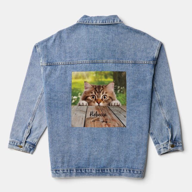 Cute Siberian Peek Cat Denim Jacket (Back)