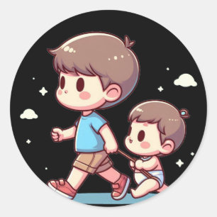 Cute Sibling Adventure -Big Brother & Baby Bonding Classic Round Sticker