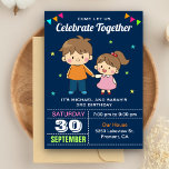 Cute Siblings Twin Birthday Party Invitation<br><div class="desc">Amaze your guests with this twin birthday party invite featuring a cute boy and a girl with modern typography against a blue background. Simply add your event details on this easy-to-use template to make it a one-of-a-kind invitation. Flip the card over to reveal a colourful stripes pattern on the back...</div>