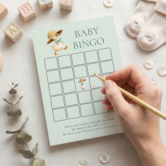 Cute Silly Goose Bingo Teal Baby Shower Game Card (Creator Uploaded)