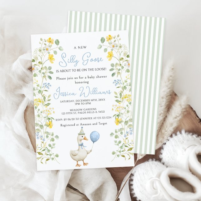 Cute Silly Goose Floral Baby Boy Shower Invitation (Creator Uploaded)