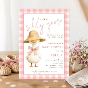 Cute Silly Goose Pink Gingham Baby Shower Invitation