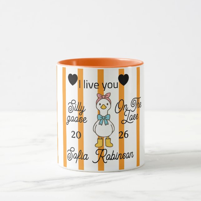 Cute Silly Goose Pink Stripe Personalised Mug (Center)
