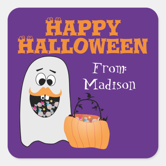 Cute Silly Halloween Ghost Sweet tooth Kids Square Sticker (Front)