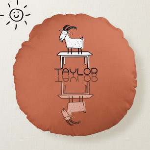 Cute Silly Pink Goat Reflection Doodle Custom Name Round Cushion