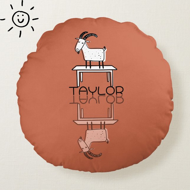 Cute Silly Pink Goat Reflection Doodle Custom Name Round Cushion (Creator Uploaded)