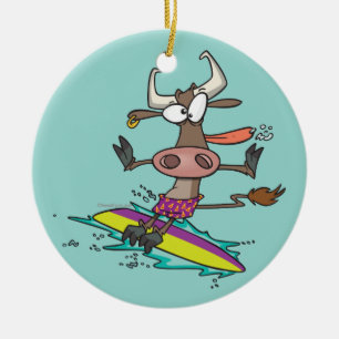 cute silly surfing surfer cow cartoon ceramic tree decoration