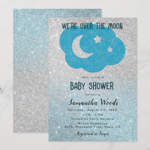 Cute Silver and Blue Glitter Moon Baby Shower Invitation